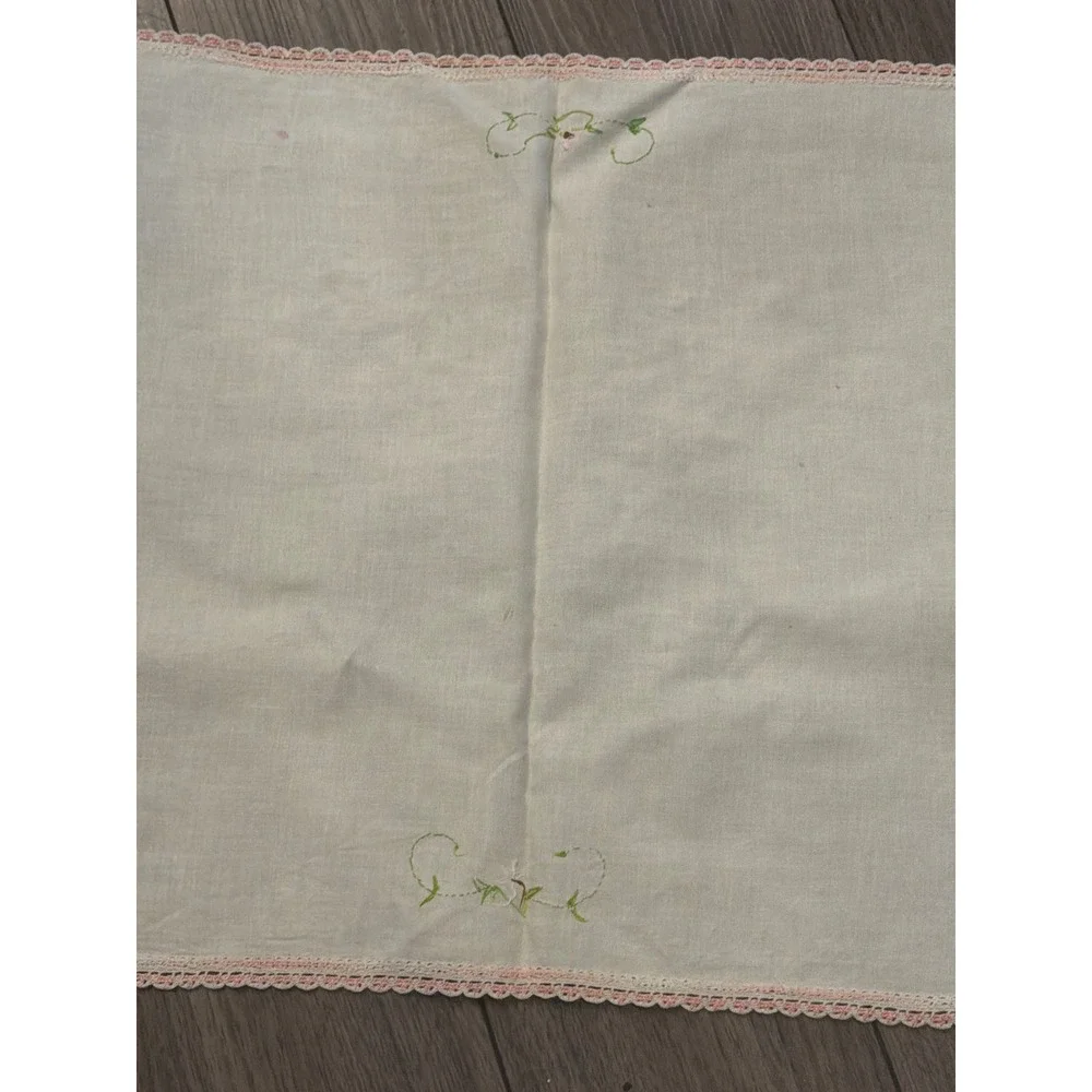 Vtg Hand-Embroidered Linen Table Runner Floral Basket Crochet Lace Mid-Century